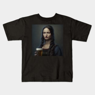 Realistic Mona Lisa Holding Beer Portrait Kids T-Shirt